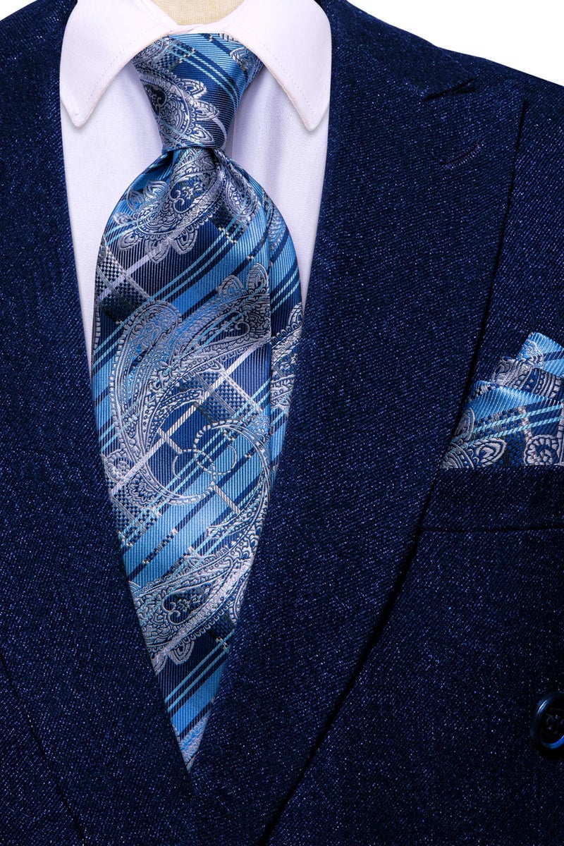 Dubulle Mens Paisley Floral Silk Tie for Men Blue Striped Necktie and Pocket Square Cufflinks Set Wedding Business - Image 2